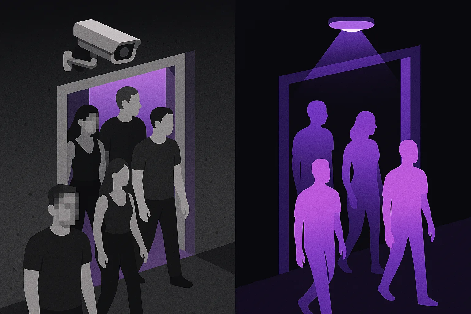 A camera view of a dark club entrance next to the depth map a ceiling sensor sees