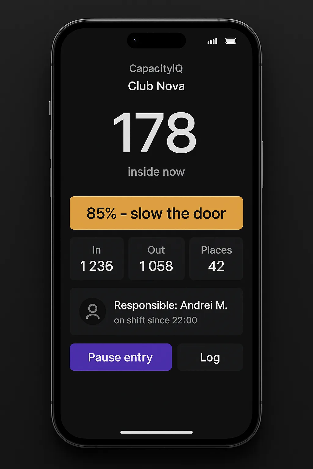 Phone screen at the door showing the current count, places left and a green state