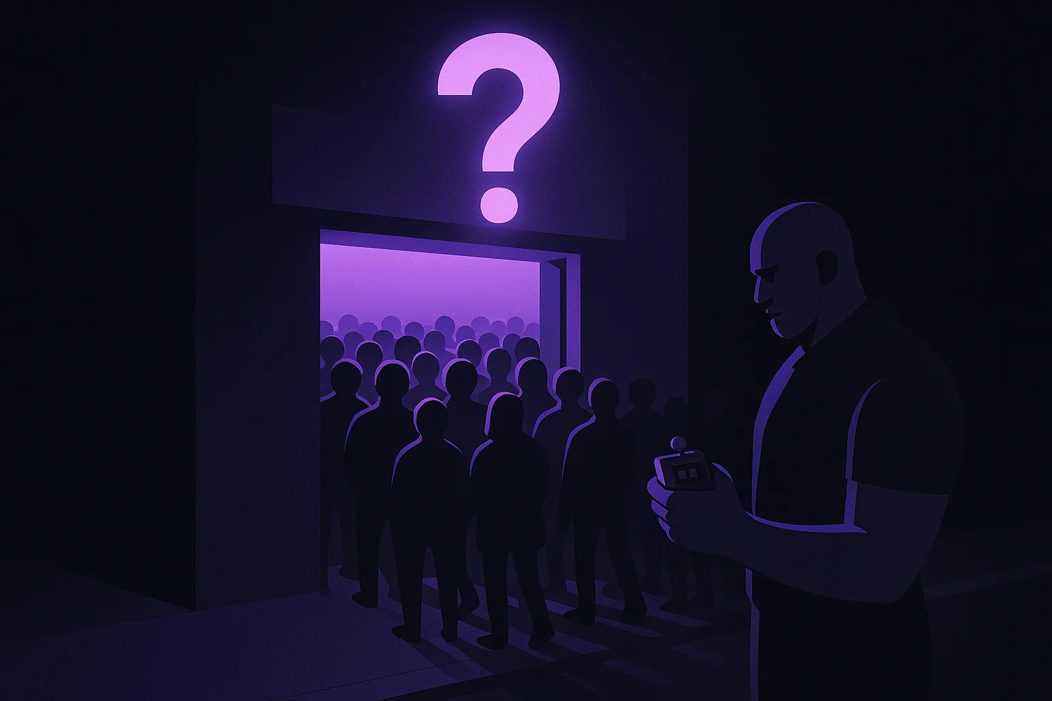 A club doorway at night with a queue outside and no count above the door