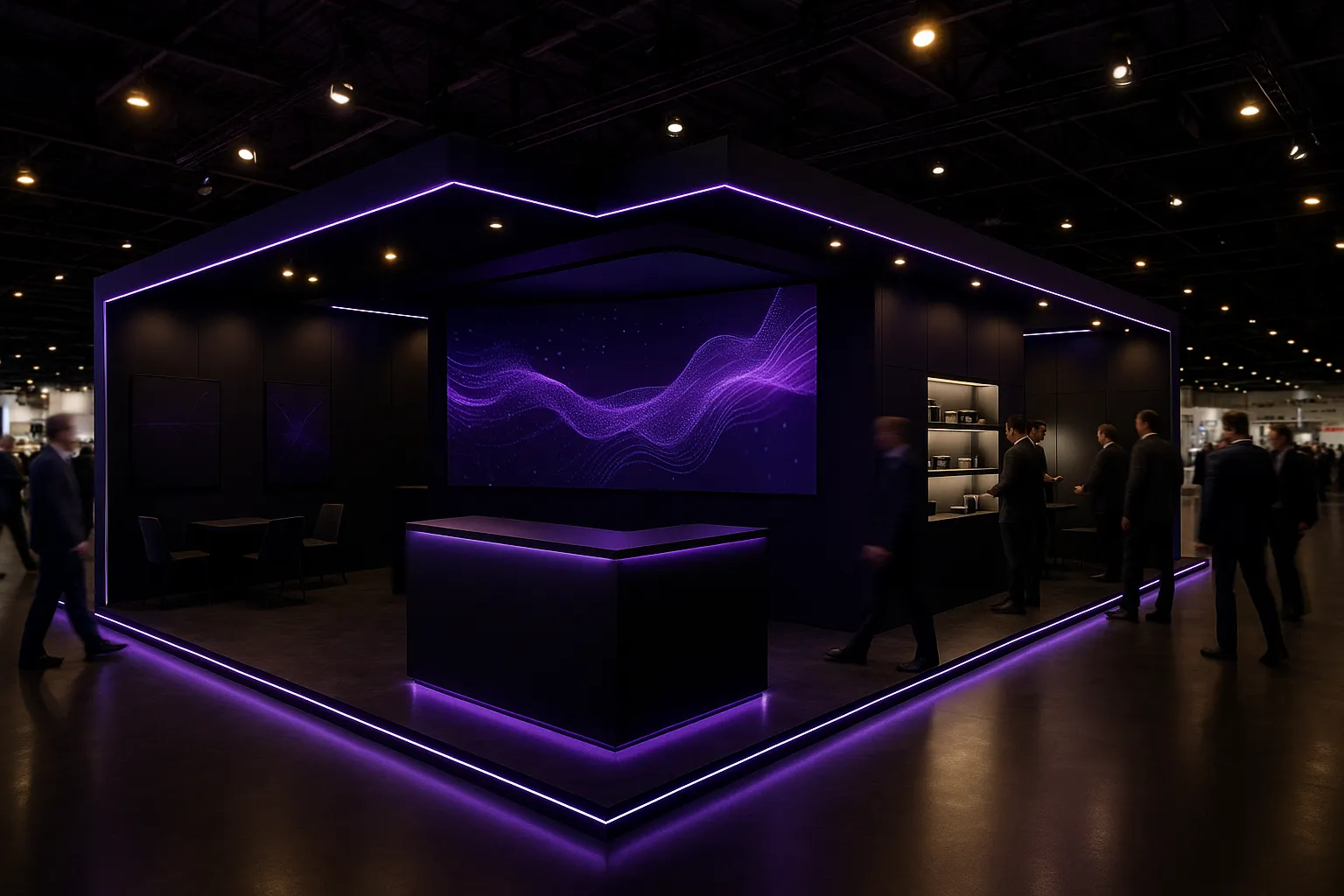 Modern exhibition stand with dark design and purple LED accent lighting
