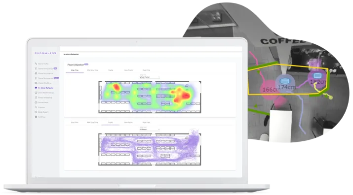 Store floor plans with dwell heatmaps on a laptop