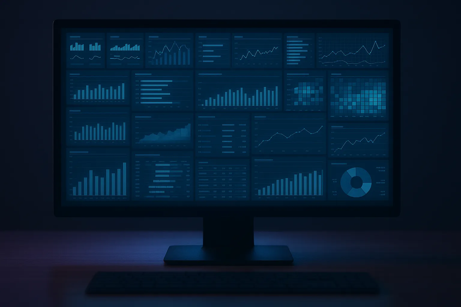 A dense analytics dashboard glowing in a dark room — data everywhere, clarity nowhere