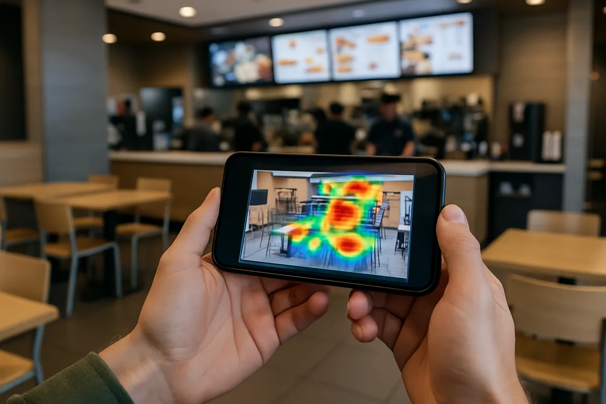 Hands holding a tablet displaying colorful heat map analytics overlaying a quick service restaurant interior with dining area and counter visible in background
