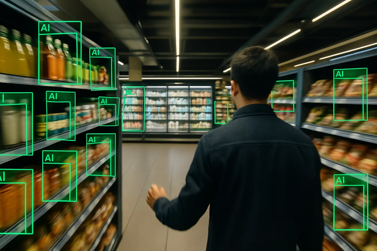 A retail professional walks through a modern supermarket aisle as AI image recognition technology overlays green bounding boxes on FMCG products to identify and analyze shelf inventory