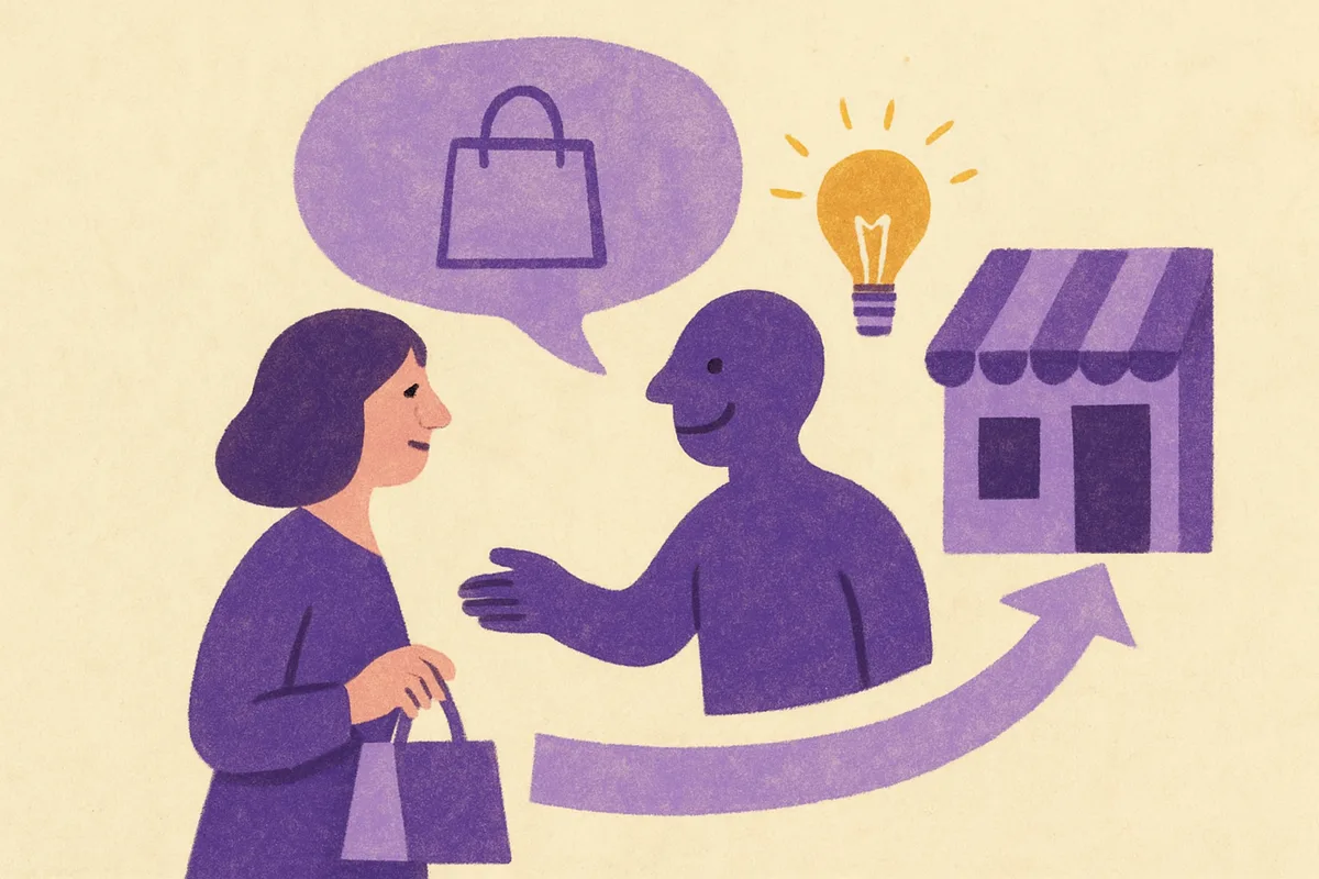 Gouache illustration of a shopper talking with a friendly AI assistant figure whose idea points the way to a small shop