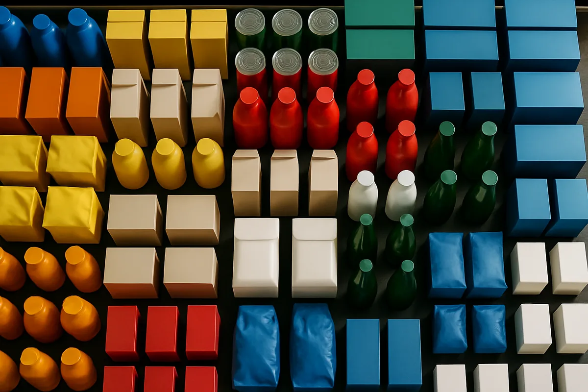 Neatly organized retail product shelves displaying colorful FMCG packages including bottles, cartons, and containers arranged in systematic rows
