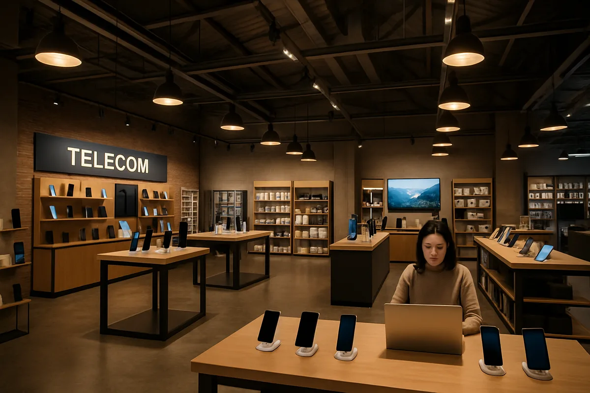 Modern telecom retail store interior with wooden displays showcasing smartphones and tablets, featuring clean design and professional lighting