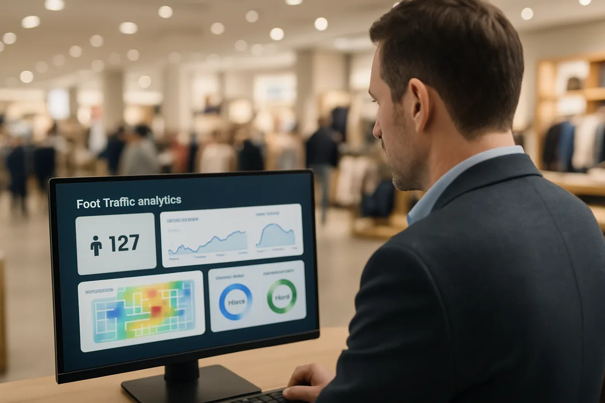 Professional businessman analyzing foot traffic analytics dashboard on computer monitor in modern department store with shoppers in background