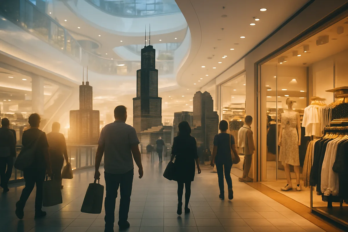 Modern shopping mall interior with multiple levels showing shoppers walking through retail corridors with storefronts and city skyline visible through large windows