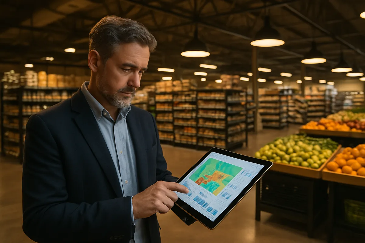 Professional businessman in navy blazer analyzing colorful foot traffic heat map data on tablet in modern grocery store with produce displays in background