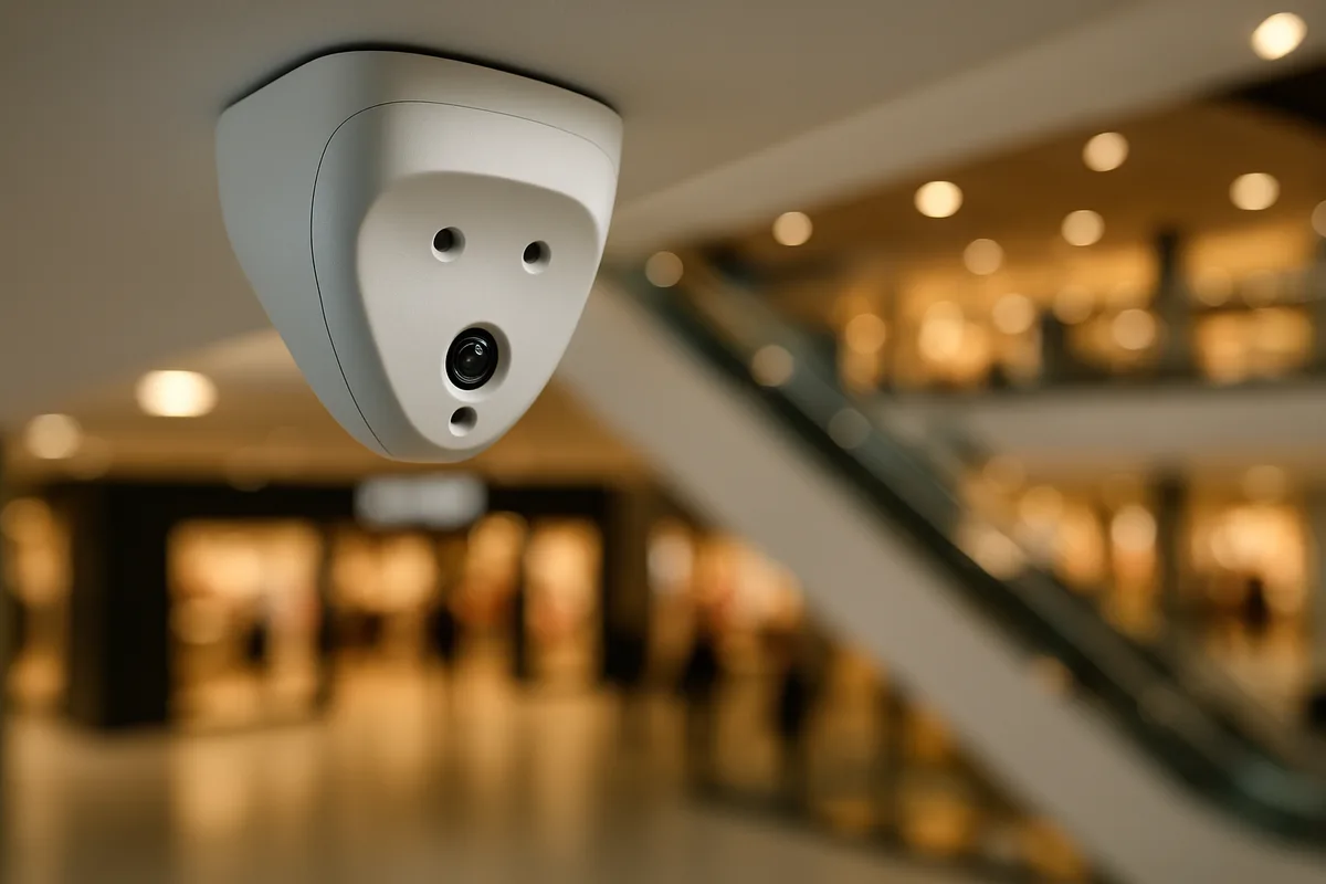 Modern white ceiling-mounted people counter camera installed in a contemporary shopping mall with blurred retail storefronts in the background