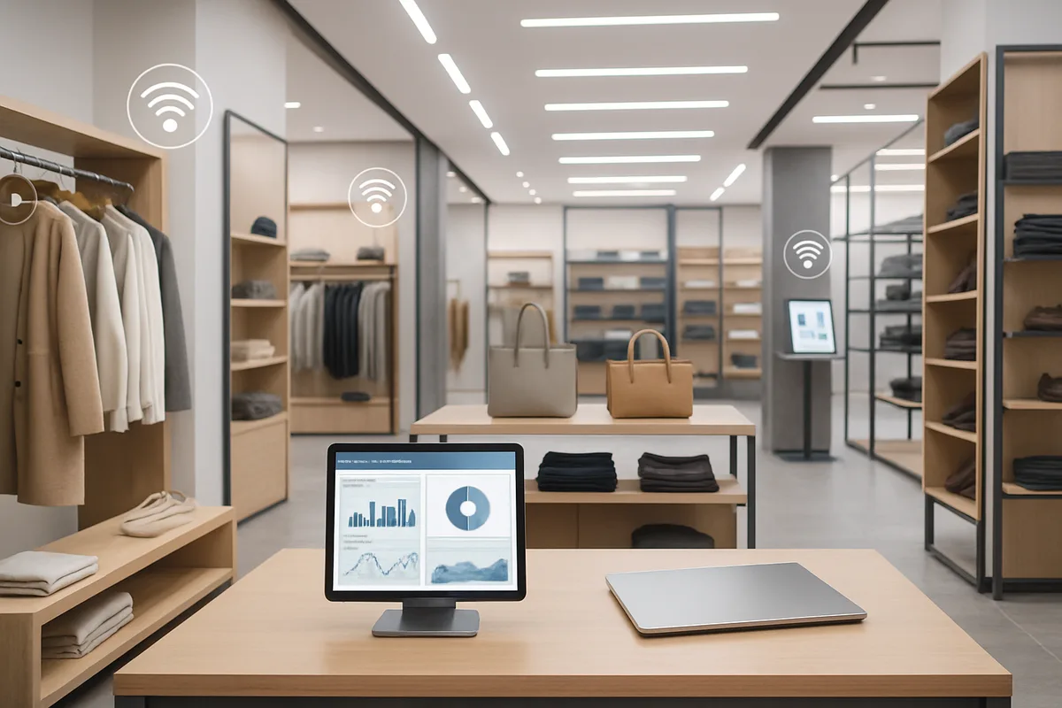 Modern retail store interior with connected supply chain technology, featuring analytics dashboard displays, wireless connectivity symbols, and organized inventory management systems