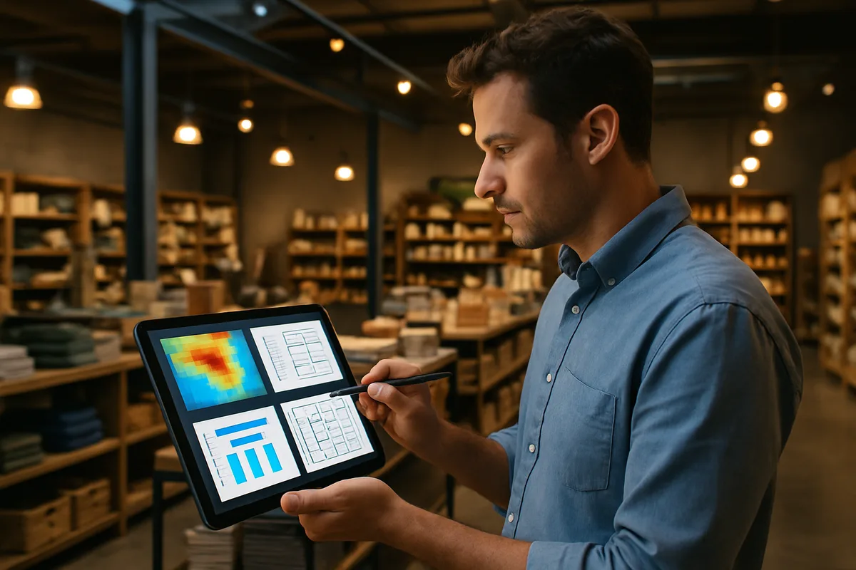 Professional man analyzing store layout optimization data on tablet with heatmap visualizations and floor plan diagrams in modern retail warehouse setting