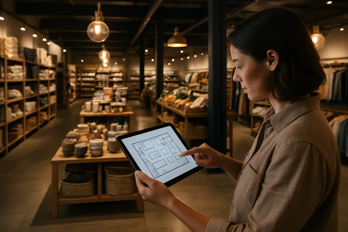 Woman holding tablet displaying store floor plan layout while standing in modern retail store with organized shelving and warm lighting
