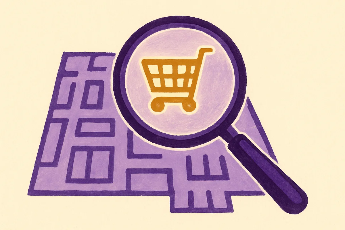 Aerial view of modern retail store with overlaid digital analytics including heat map visualization, floor plan layout, and bar chart data illustrating store layout optimization technology