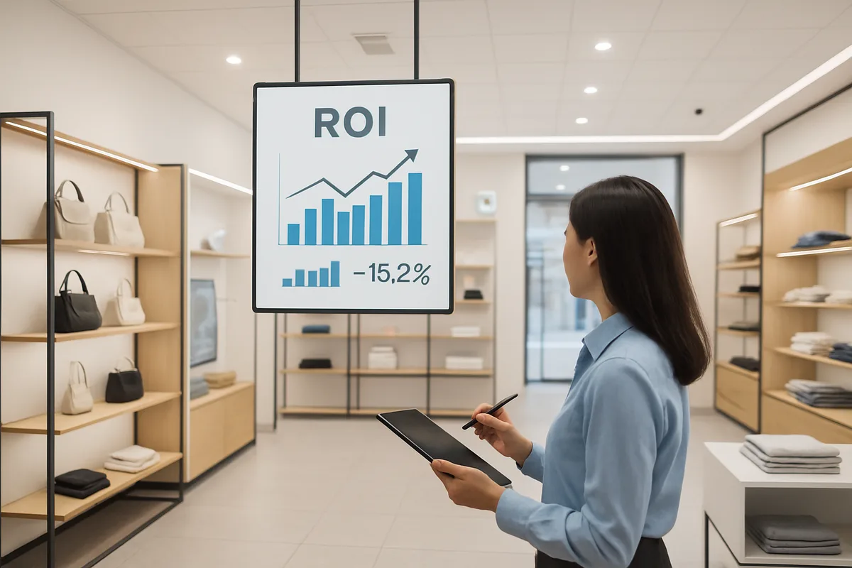 Business professional viewing digital signage display showing ROI analytics with bar charts and percentage metrics in modern retail environment