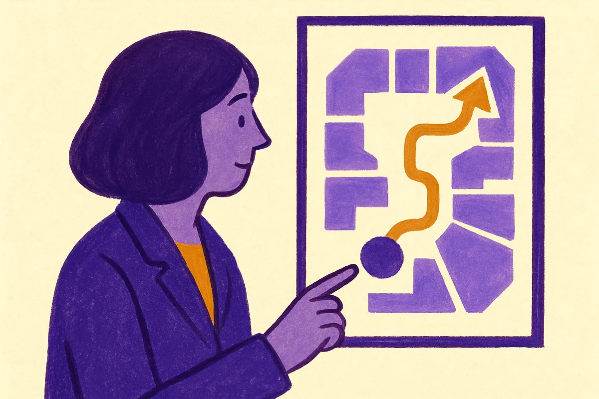 Illustrated figure pointing to a floor plan map showing a traced customer journey path through a retail space