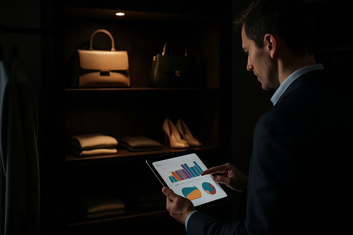 A retail professional in a dark suit reviews performance analytics charts on a tablet inside a department store concession displaying luxury handbags, shoes, and folded garments