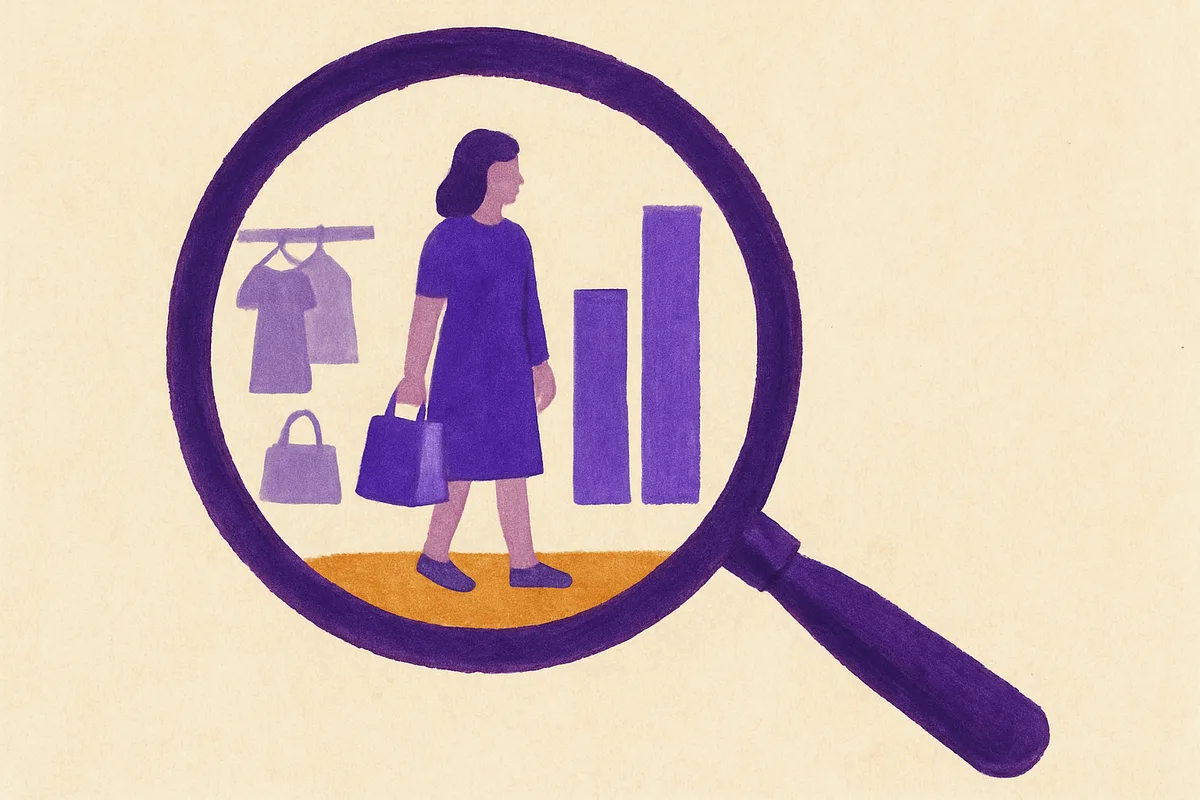 A retail professional in a dark suit reviews performance analytics charts on a tablet inside a department store concession displaying luxury handbags, shoes, and folded garments