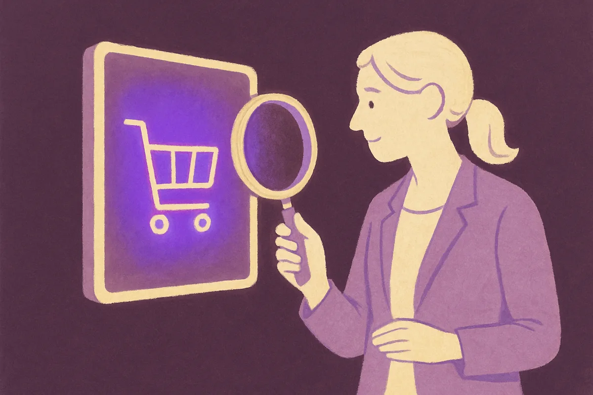Illustrated retail marketing professional holding a magnifying glass to examine a glowing digital screen displaying a shopping cart icon, symbolizing digital signage content analysis and testing