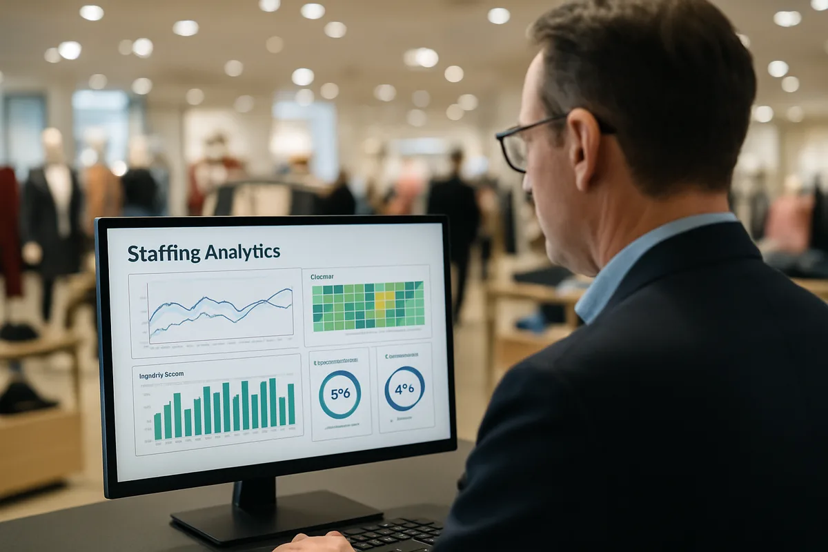 Business professional viewing staffing analytics dashboard on computer monitor in department store retail environment