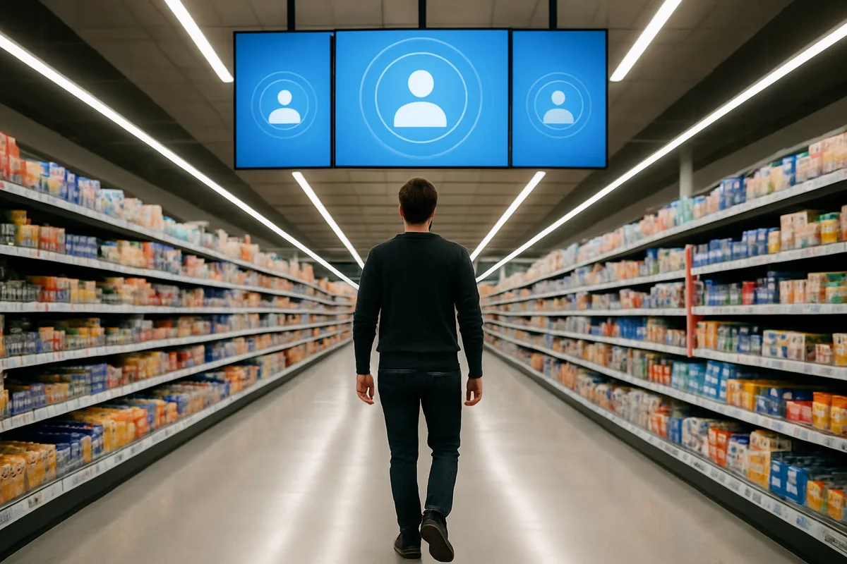 A shopper walking toward digital signage screens displaying audience tracking icons in a retail store aisle