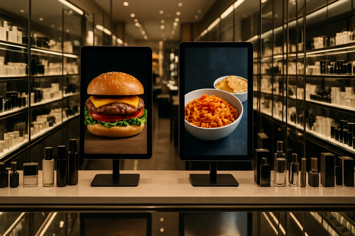 Two modern digital signage displays showcasing high-quality food imagery of a burger and pasta dish, positioned on sleek stands in a contemporary retail environment with shelved products in the background
