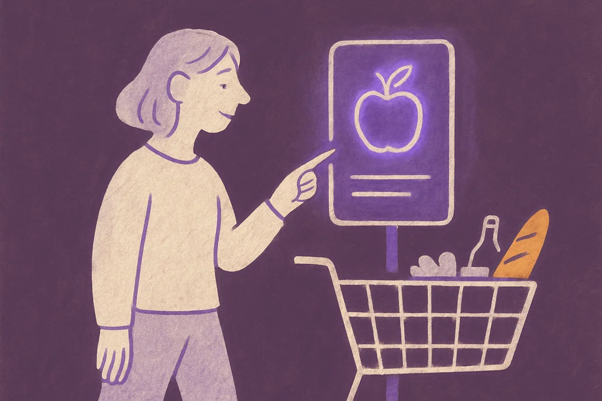 Illustrated shopper interacting with a glowing digital signage display showing a food product icon, with a grocery cart nearby