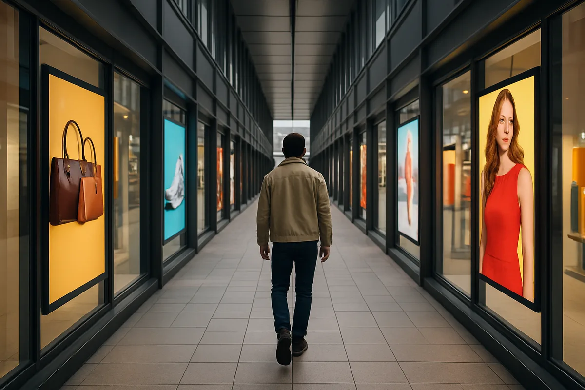 Person walking through modern shopping corridor with large digital display screens showing colorful retail advertisements in storefront windows