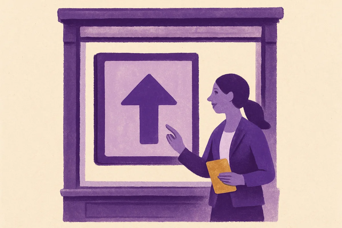 Illustrated figure of a business professional holding a tablet and gesturing toward a large digital display screen mounted in a shop window frame