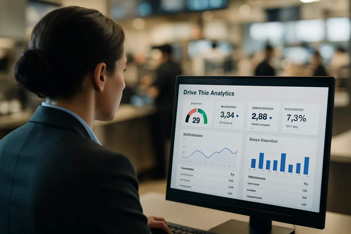 Professional woman in business attire reviewing drive-thru analytics dashboard on computer monitor showing performance metrics, charts, and KPIs in a modern restaurant office environment