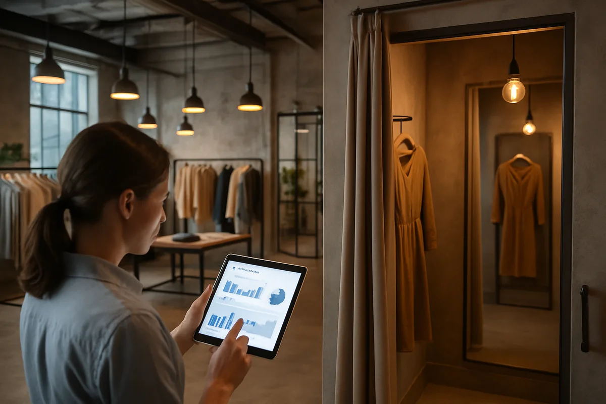 A retail store manager reviews fitting room analytics data on a tablet while standing beside an open dressing room with a dress hanging inside