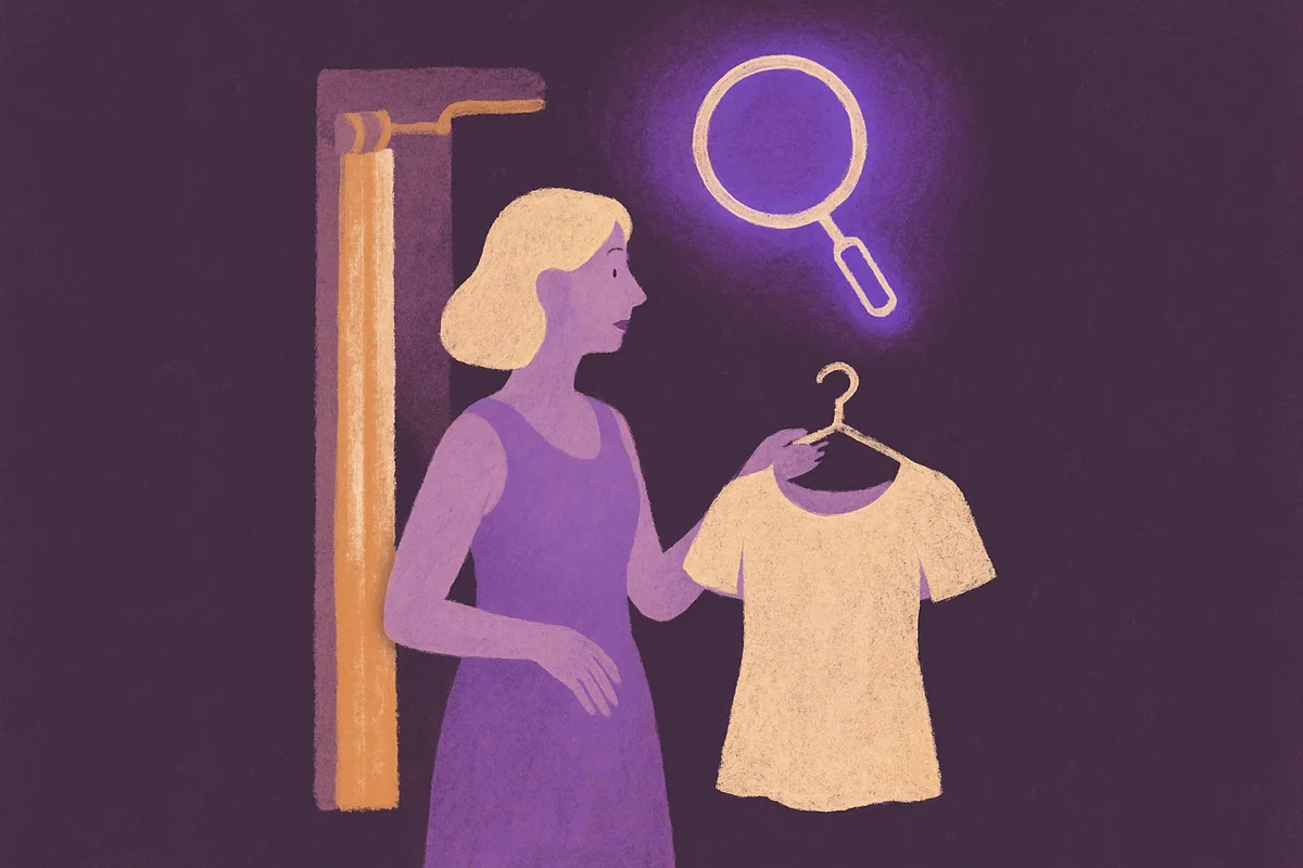 Illustrated figure of a woman standing outside a fitting room curtain, holding a garment on a hanger while a glowing magnifying glass hovers above, symbolizing analytics insight in a fashion retail dressing room