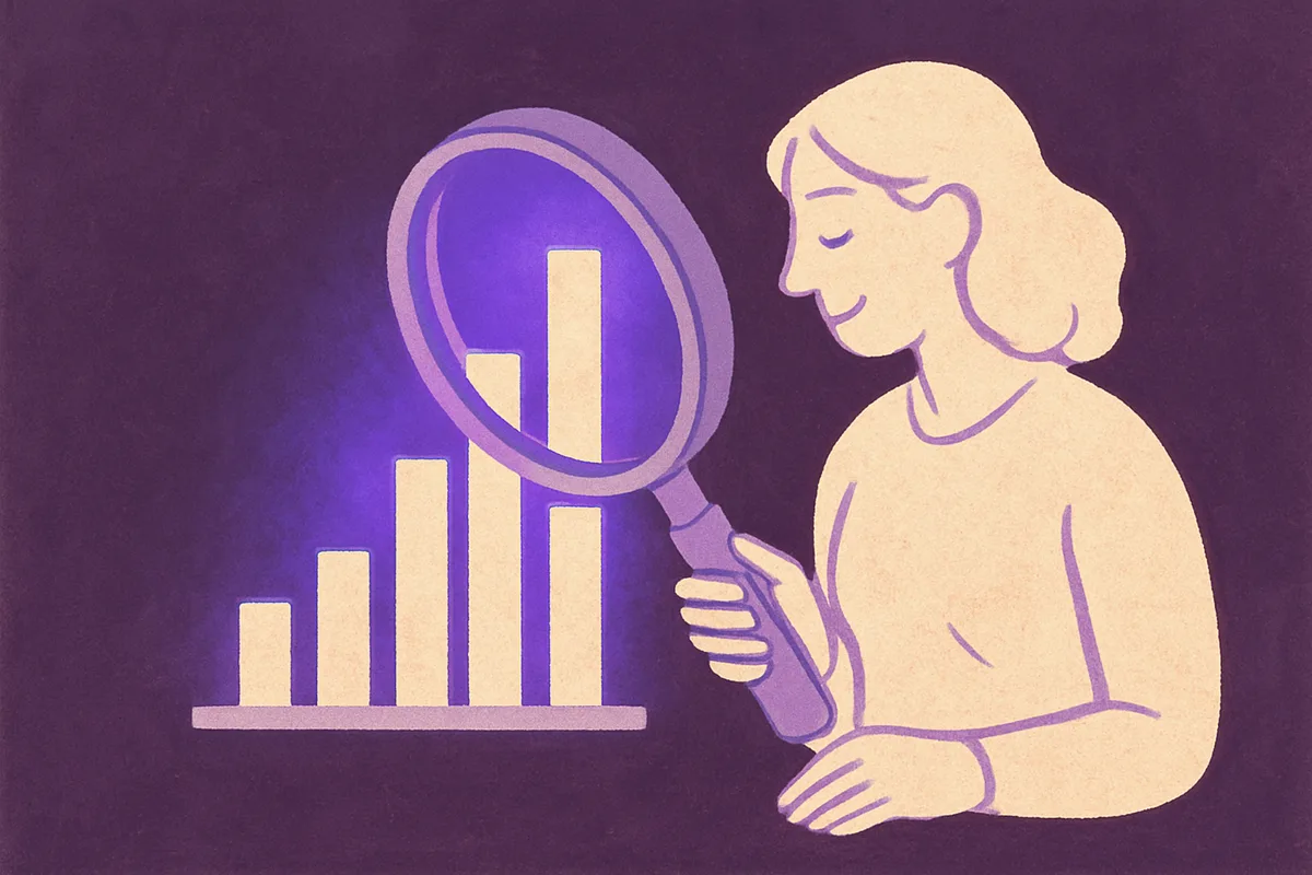 Illustrated figure of a woman using a magnifying glass to examine a glowing bar chart, symbolizing retail analytics and data insight