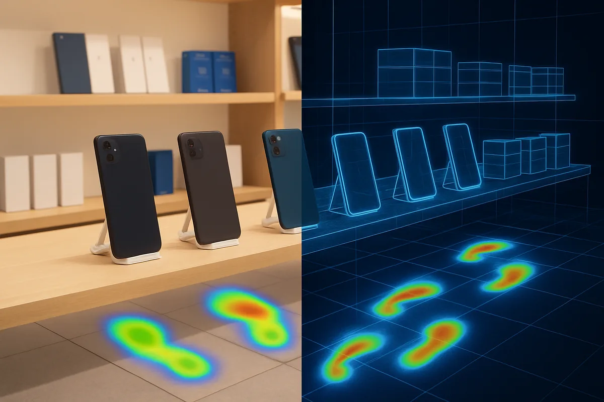 Split-screen visualization showing a telecom store with smartphones on display shelves alongside colorful heat map overlays indicating customer foot traffic patterns on the floor