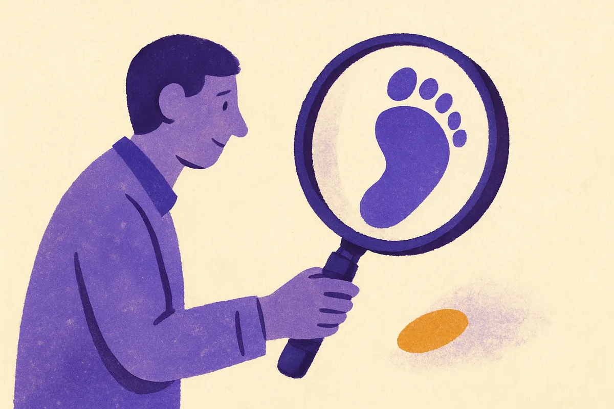 Illustrated figure holding a magnifying glass with a large footprint symbol, representing the analysis of customer foot traffic in retail environments