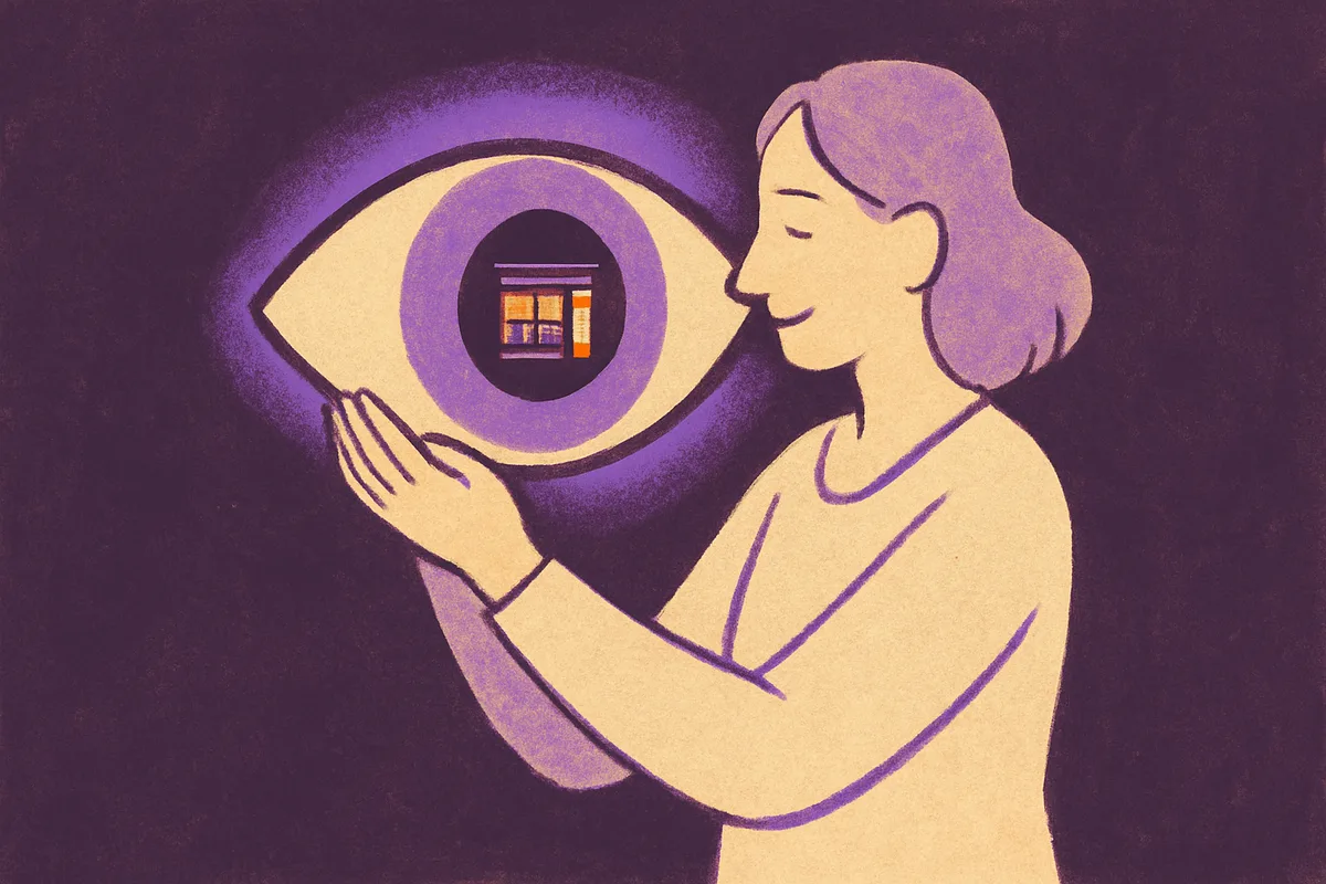 Illustrated figure holding a glowing eye symbol with a retail storefront visible inside the pupil, representing camera-based audience observation in a retail setting