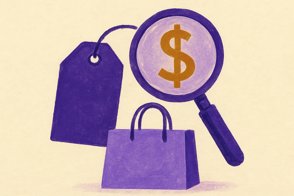 Illustration of a price tag, shopping bag, and magnifying glass examining a dollar sign, representing the analysis of retail media inventory pricing