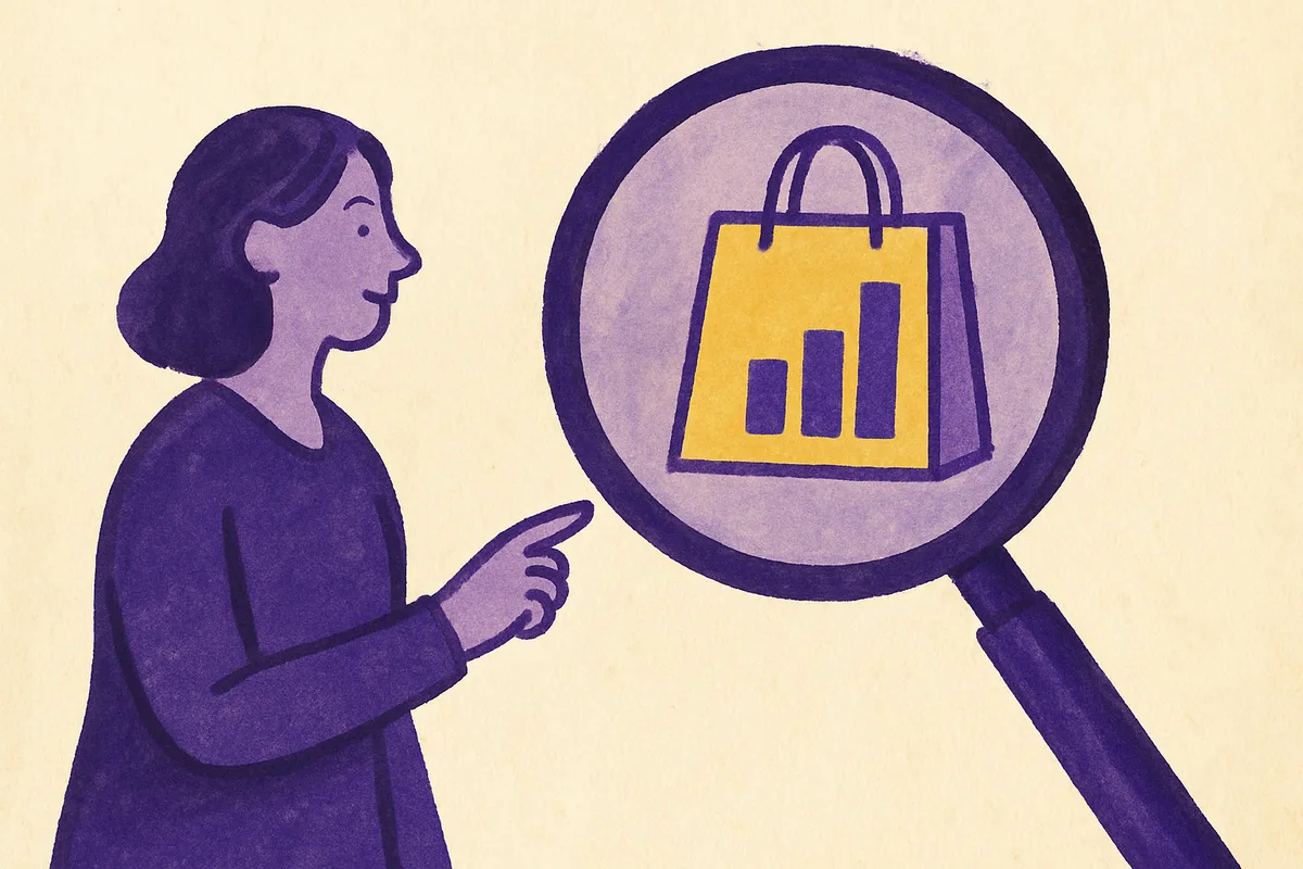 Illustrated figure examining a magnified shopping bag displaying a bar chart, symbolizing retail media measurement and analytics