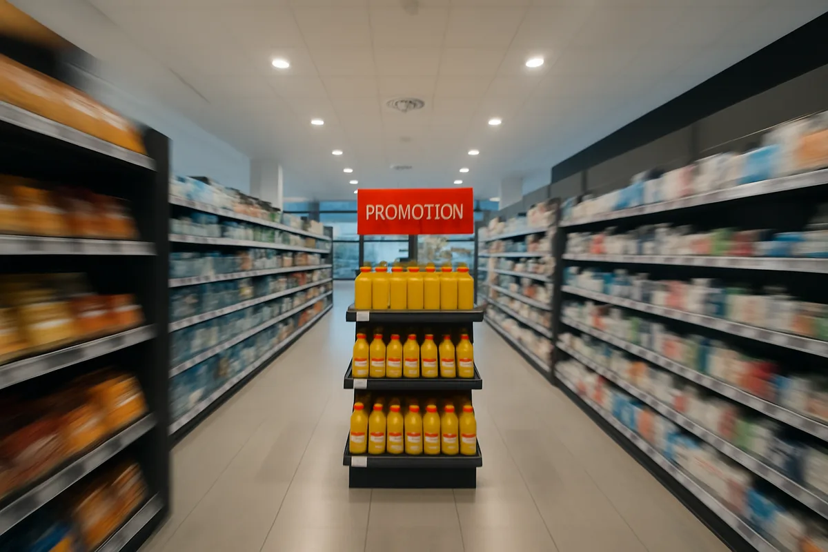 A promotional end-cap display stocked with orange juice bottles beneath a red 'Promotion' sign in a modern supermarket aisle, with shelves of FMCG products blurred in the background