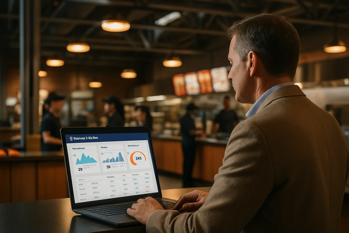 Business professional analyzing restaurant analytics dashboard on laptop in modern quick service restaurant setting