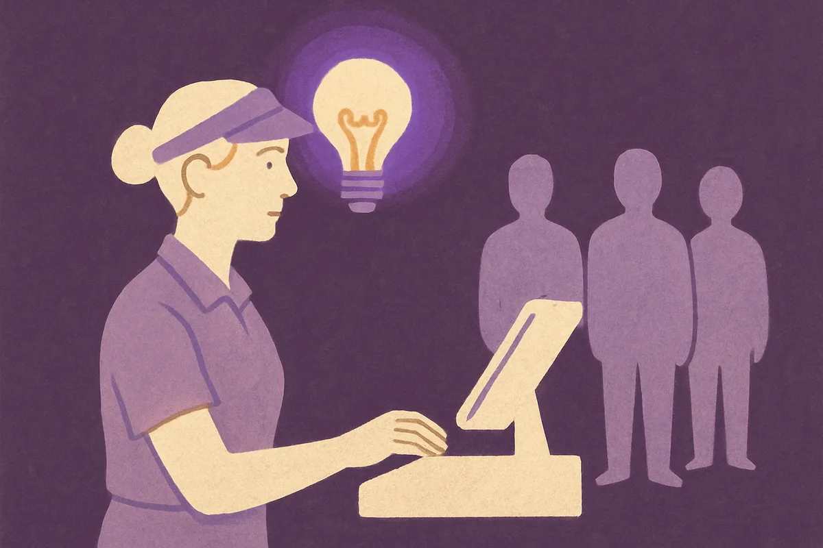 Illustrated QSR employee in visor at a point-of-sale terminal with a glowing lightbulb overhead and three customer silhouettes in the background, representing data-driven staffing insights