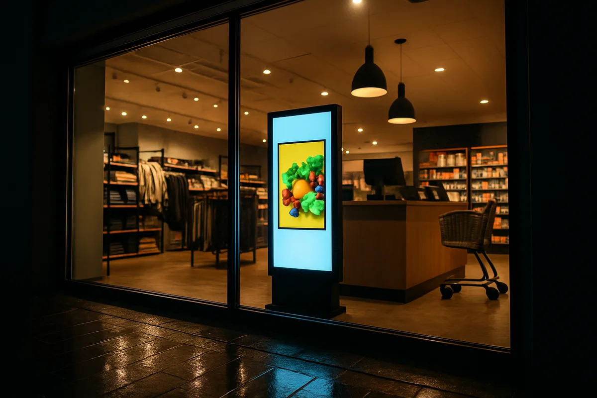A glowing digital advertising display kiosk inside a modern retail store at night, with shelves and merchandise visible in the background