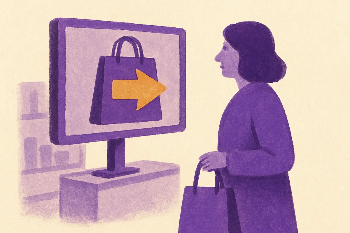 Illustrated shopper holding a bag and viewing an in-store digital display screen showing a retail media advertisement