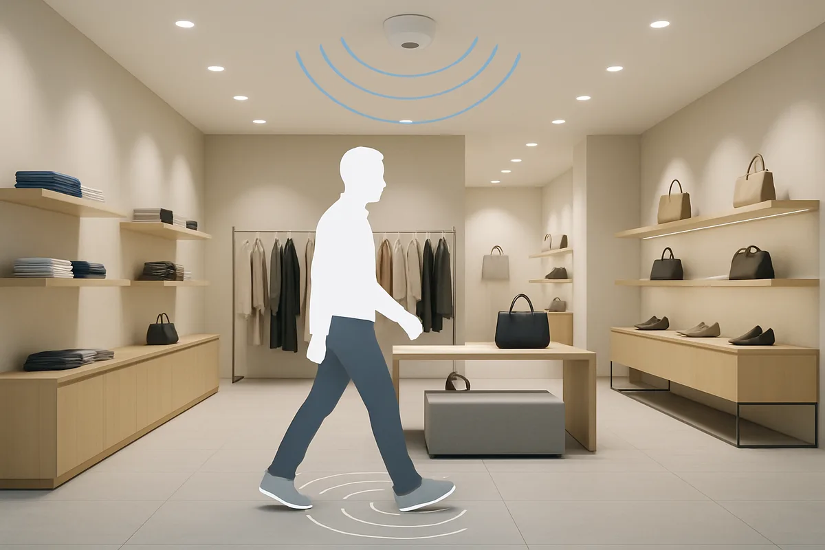 Modern retail store interior showing foot traffic tracking technology with a stylized figure walking past sensor detection zones and signal waves emanating from ceiling-mounted devices