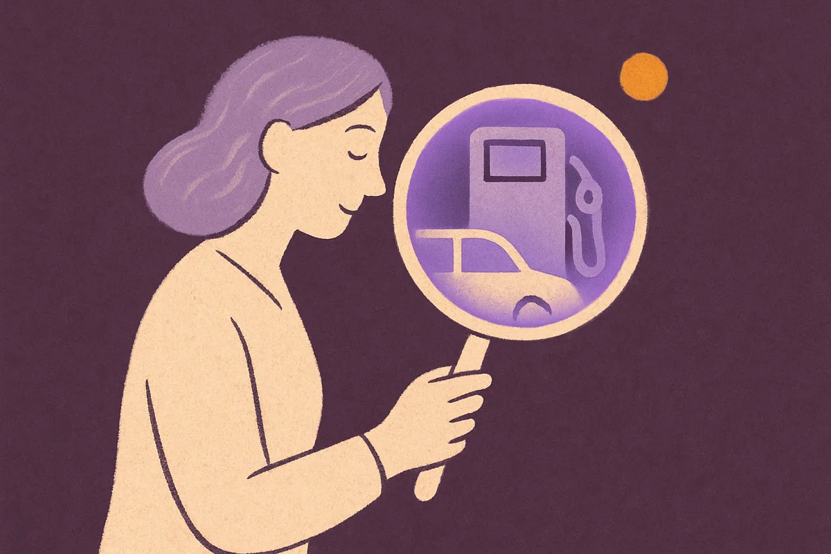 Illustration of a professional examining a magnifying glass revealing a car at a fuel pump, symbolising the measurement and analysis of fuel forecourt dwell time