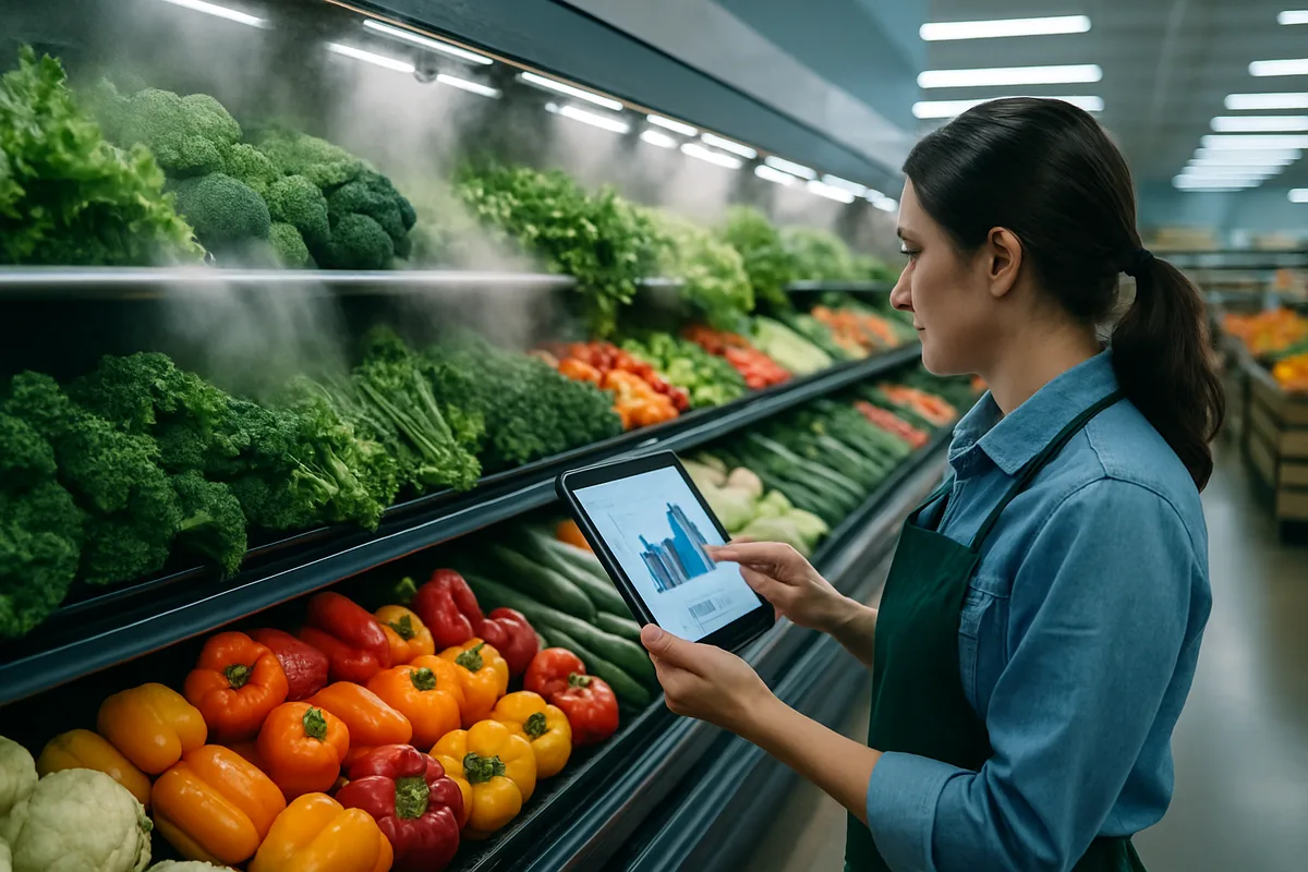 Retail store employee reviewing analytics data on a tablet while standing in front of a well-stocked produce aisle