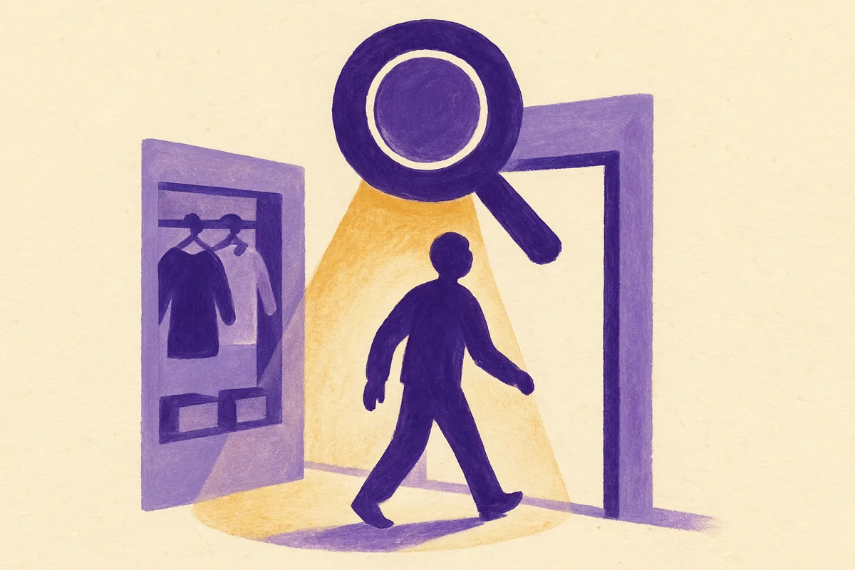 Illustrated figure of a shopper entering a retail store doorway, illuminated by a magnifying glass spotlight, with clothing racks visible inside
