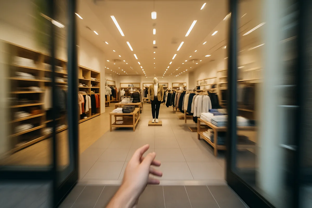 Person approaching modern retail clothing store through glass entrance, view from inside showing organized merchandise displays and clean interior lighting