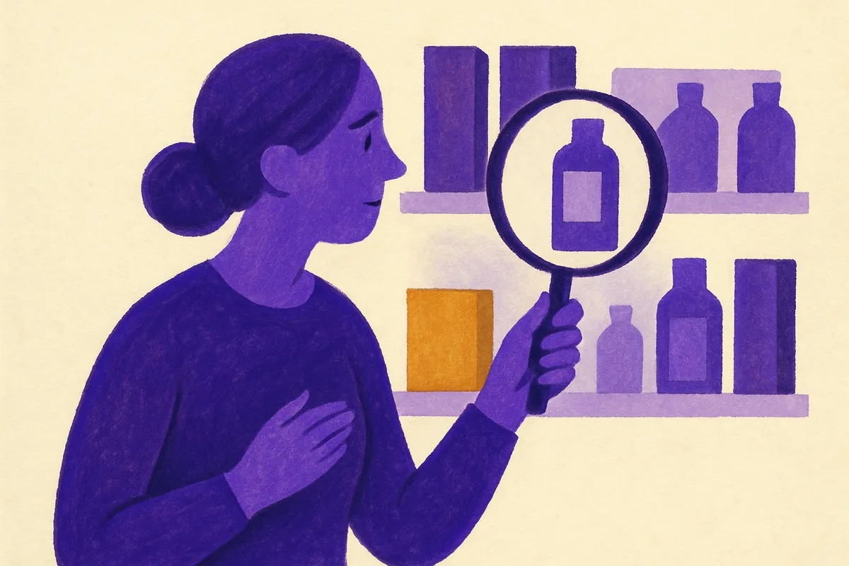 Illustrated figure using a magnifying glass to inspect products on a retail shelf, highlighting a misplaced item among uniformly arranged bottles
